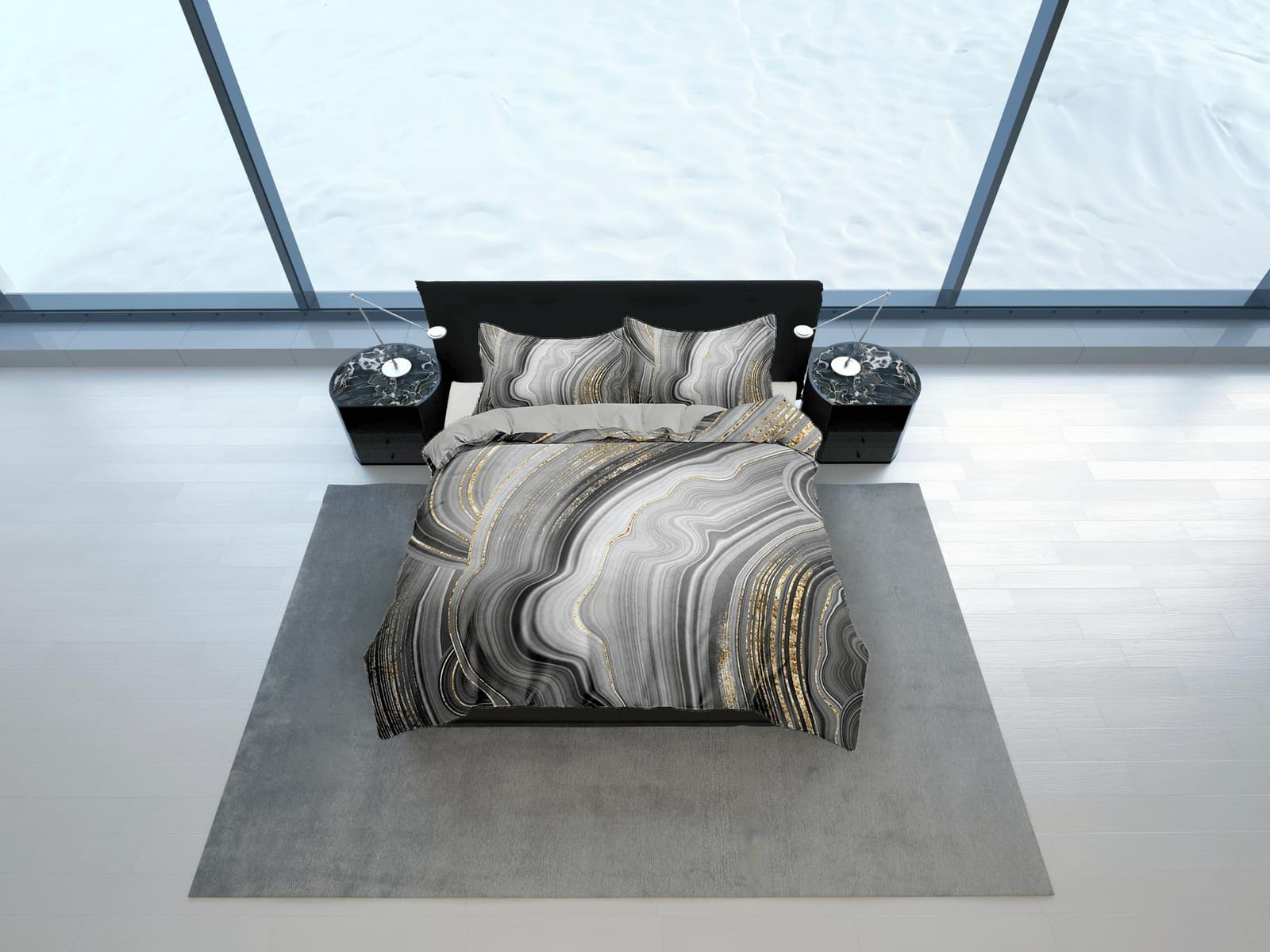 Contemporary bedroom set grey aesthetic duvet cover, gold marble abstract art room decor boho chic bedding set full king q…