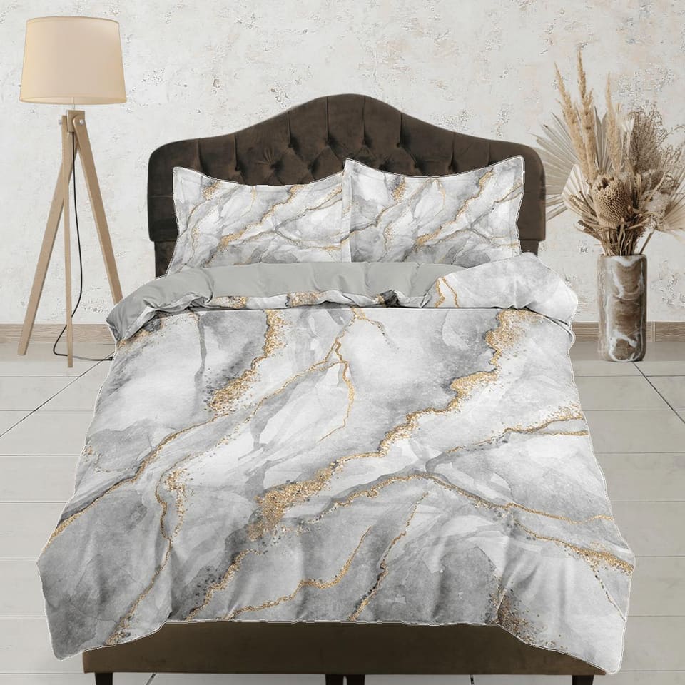 Contemporary bedroom set grey aesthetic duvet cover, luxury duvet gold marble abstract art room decor boho chic bedding se…