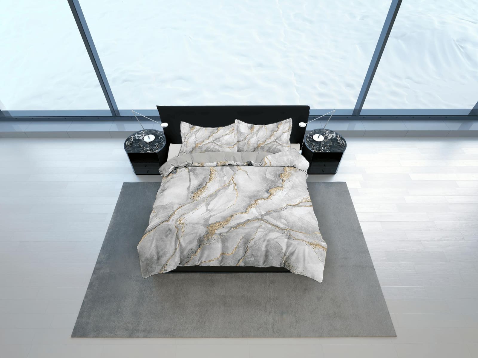 Contemporary bedroom set grey aesthetic duvet cover, luxury duvet gold marble abstract art room decor boho chic bedding se…