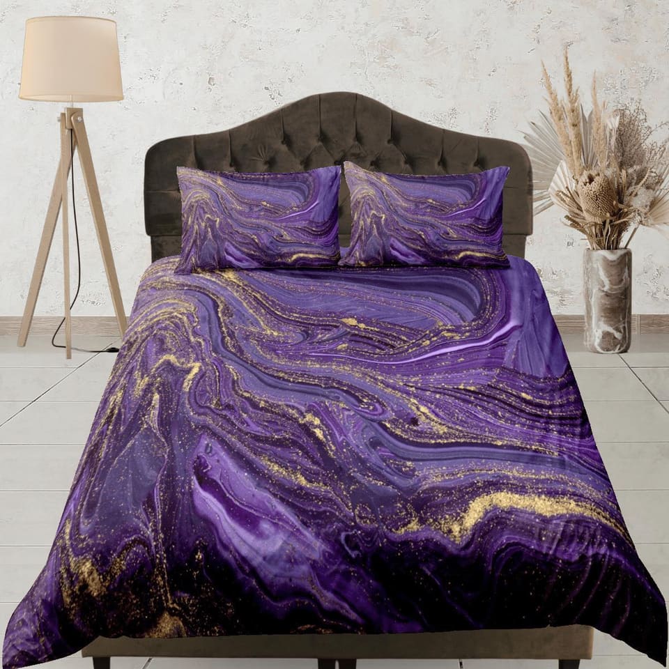 Contemporary bedroom set purple aesthetic duvet cover, luxury gold marble abstract art room decor boho chic bedding set fu…