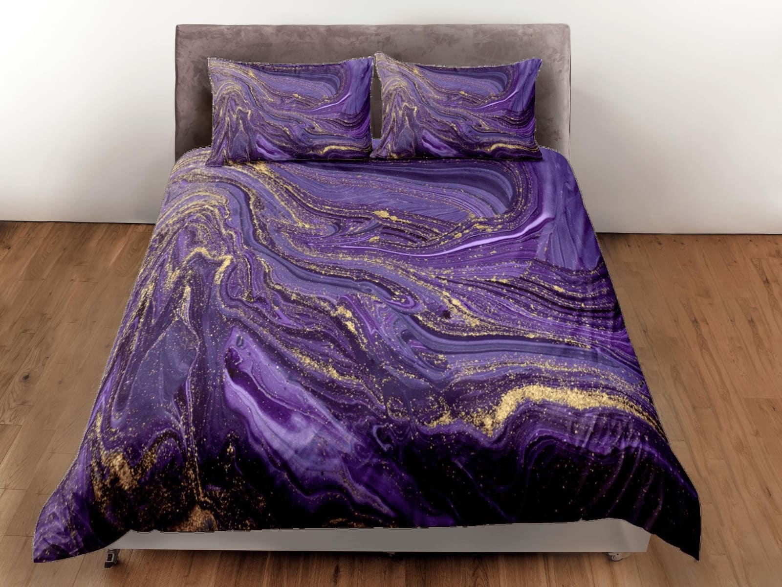 Contemporary bedroom set purple aesthetic duvet cover, luxury gold marble abstract art room decor boho chic bedding set fu…