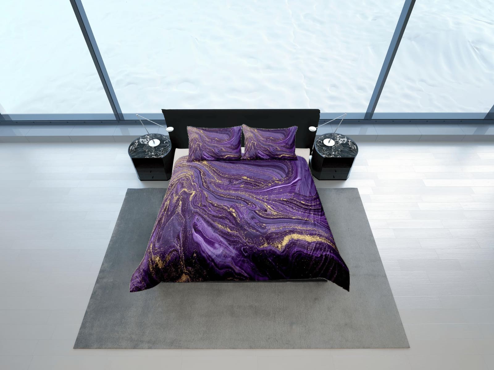 Contemporary bedroom set purple aesthetic duvet cover, luxury gold marble abstract art room decor boho chic bedding set fu…
