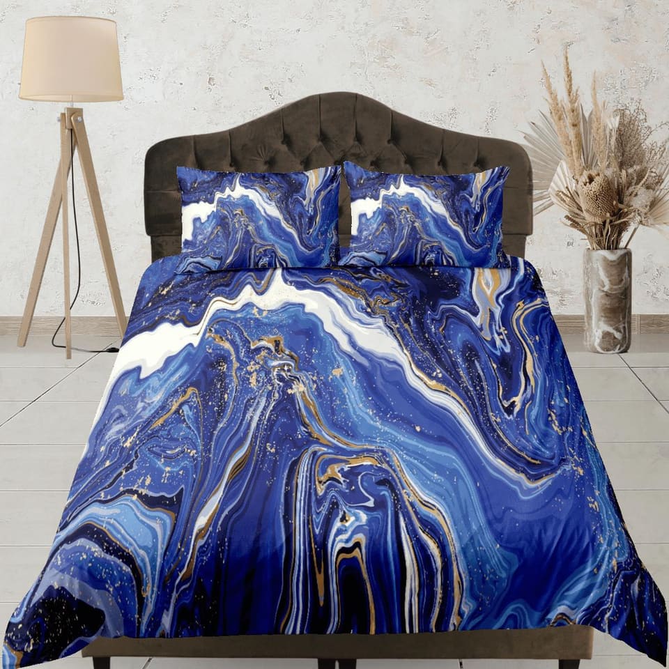 Contemporary bedroom set royal blue aesthetic duvet cover, gold marble abstract art room decor boho chic bedding set full…