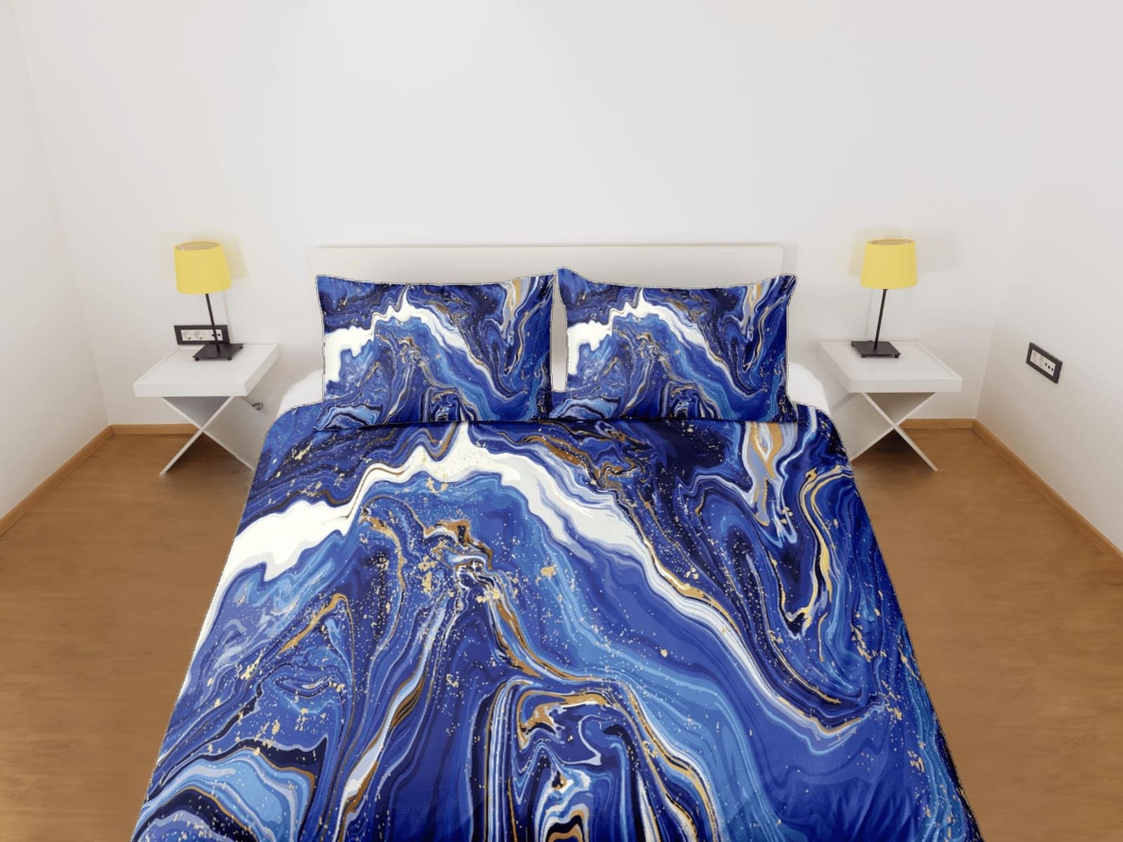 Contemporary bedroom set royal blue aesthetic duvet cover, gold marble abstract art room decor boho chic bedding set full…