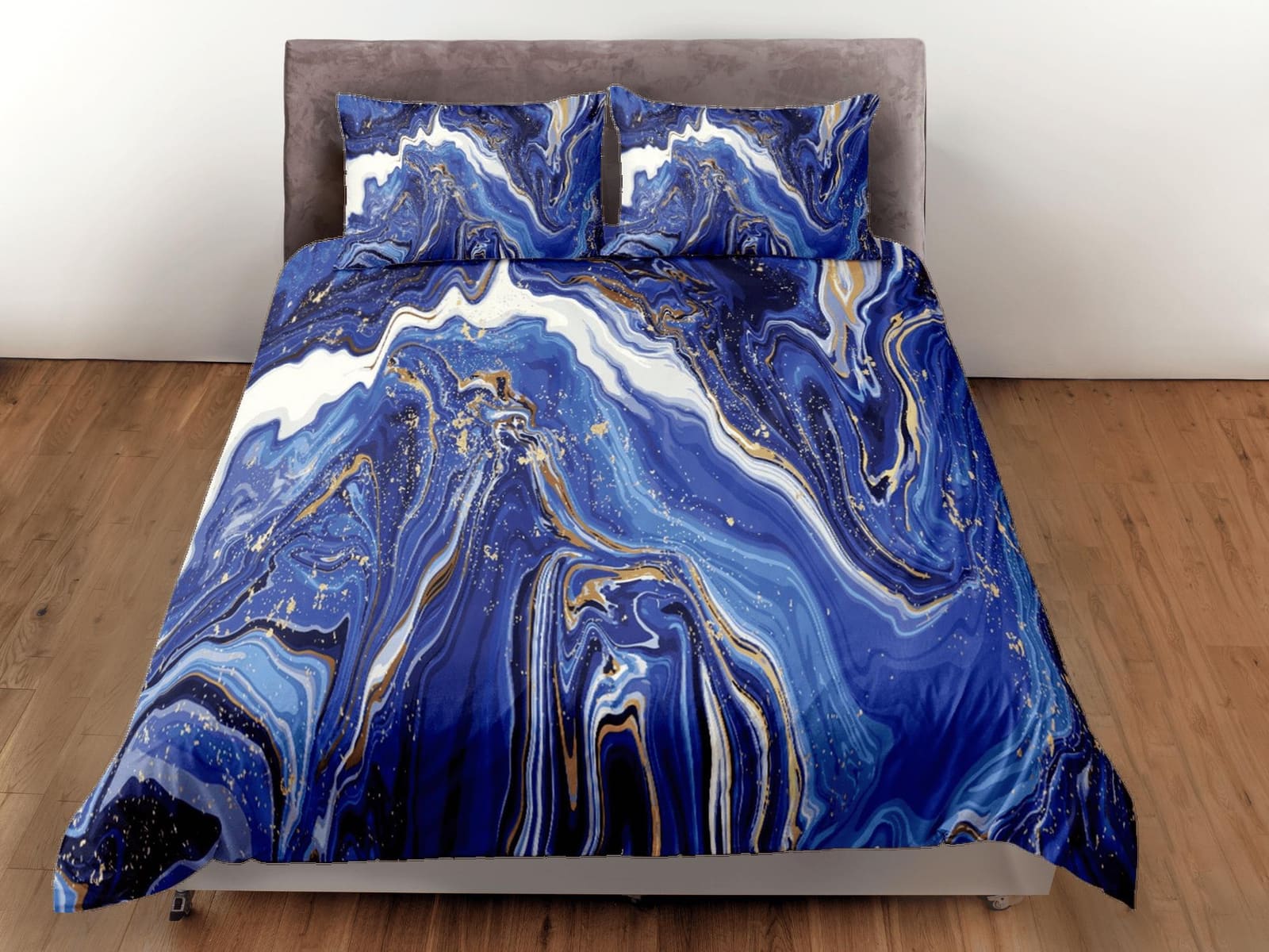 Contemporary bedroom set royal blue aesthetic duvet cover, gold marble abstract art room decor boho chic bedding set full…