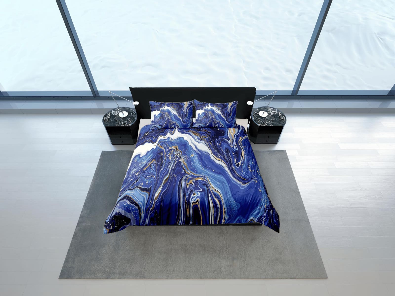Contemporary bedroom set royal blue aesthetic duvet cover, gold marble abstract art room decor boho chic bedding set full…