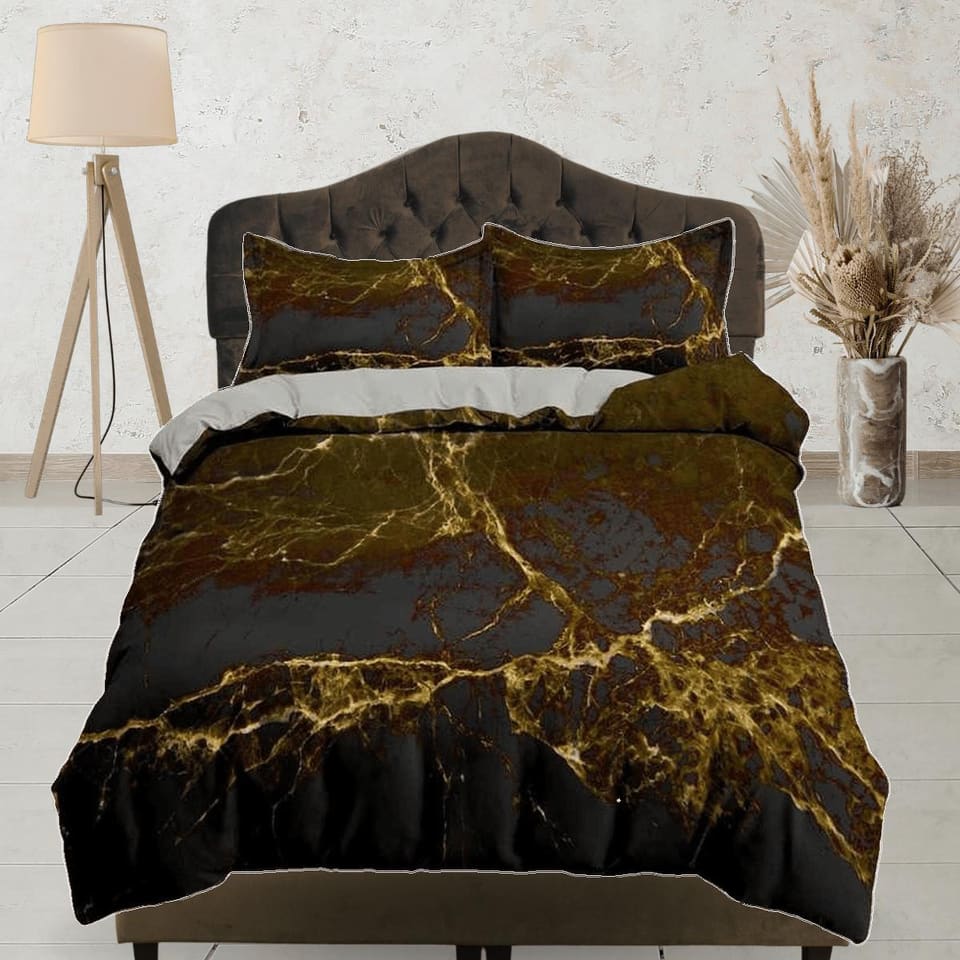 Contemporary bedroom set rustic aesthetic duvet cover, luxury gold alcohol ink abstract art room decor boho chic bedding s…
