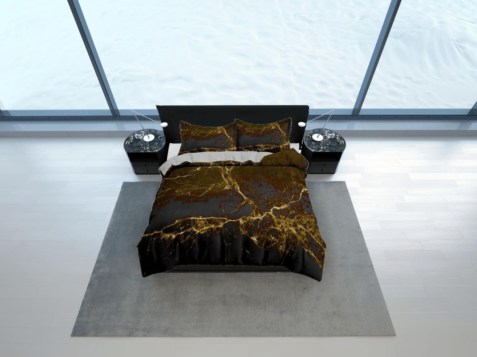 Contemporary bedroom set rustic aesthetic duvet cover, luxury gold alcohol ink abstract art room decor boho chic bedding s…