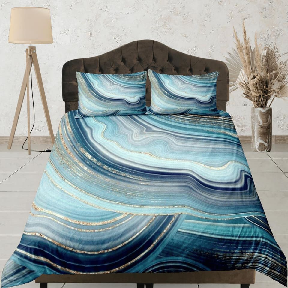 Contemporary bedroom set sapphire blue aesthetic duvet cover, luxury gold marble abstract art room decor boho chic bedding…