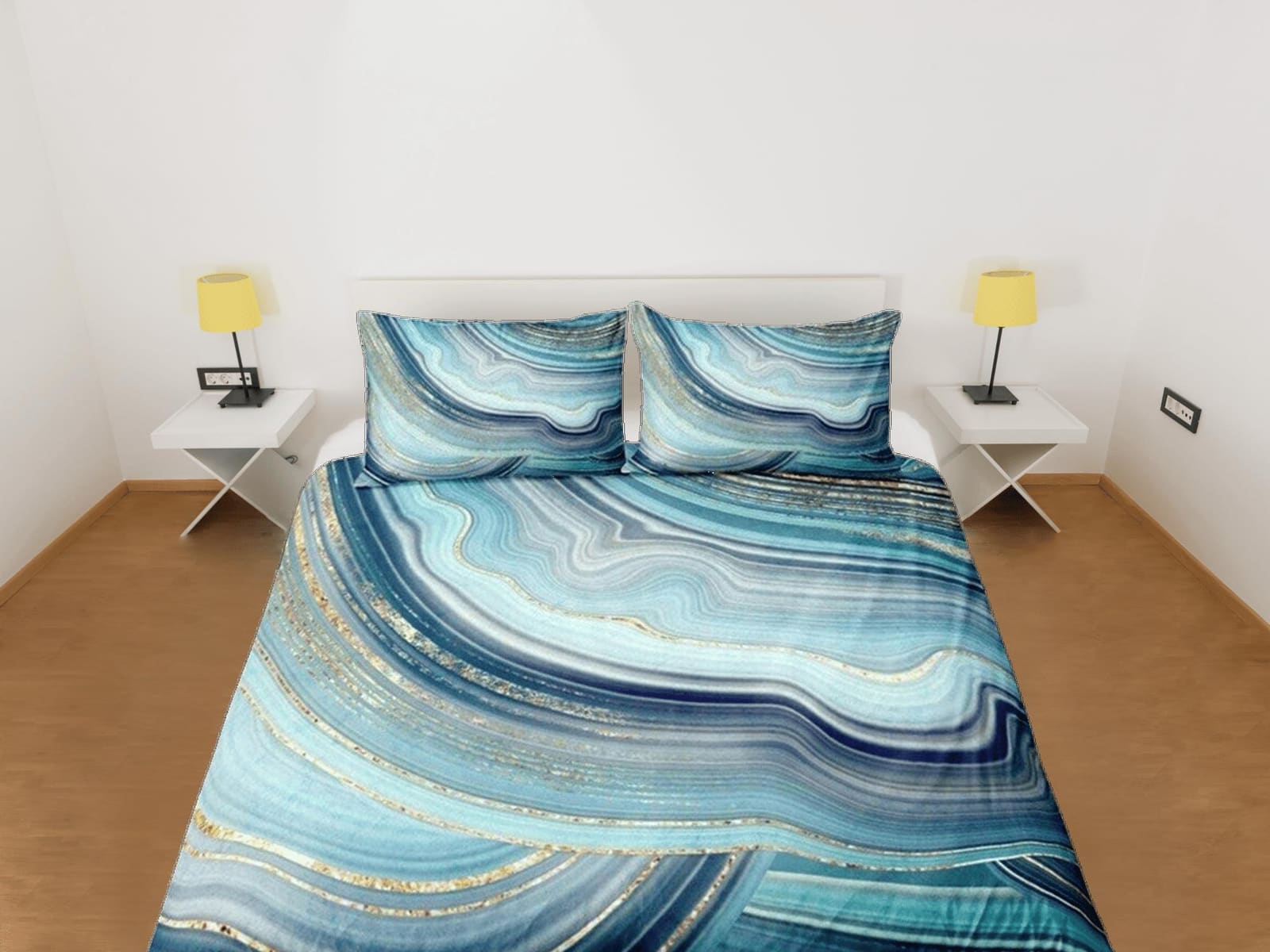 Contemporary bedroom set sapphire blue aesthetic duvet cover, luxury gold marble abstract art room decor boho chic bedding…