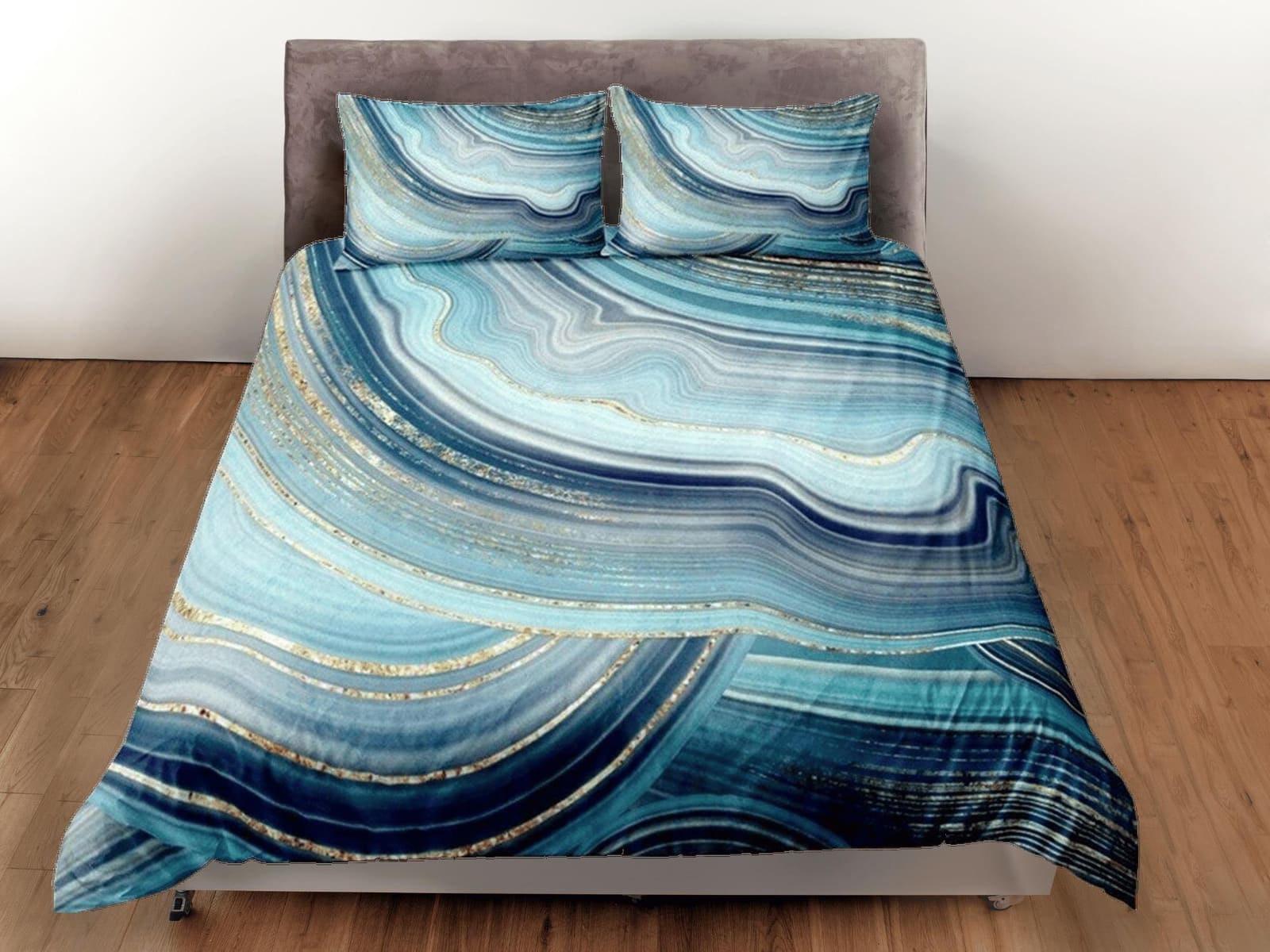 Contemporary bedroom set sapphire blue aesthetic duvet cover, luxury gold marble abstract art room decor boho chic bedding…