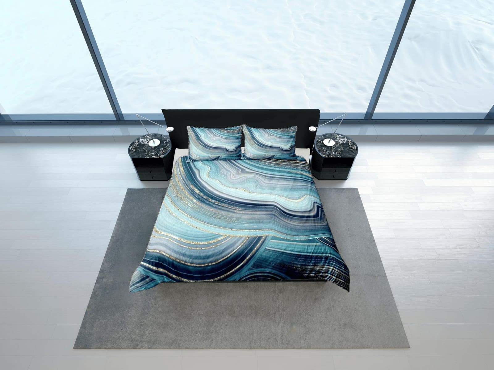 Contemporary bedroom set sapphire blue aesthetic duvet cover, luxury gold marble abstract art room decor boho chic bedding…