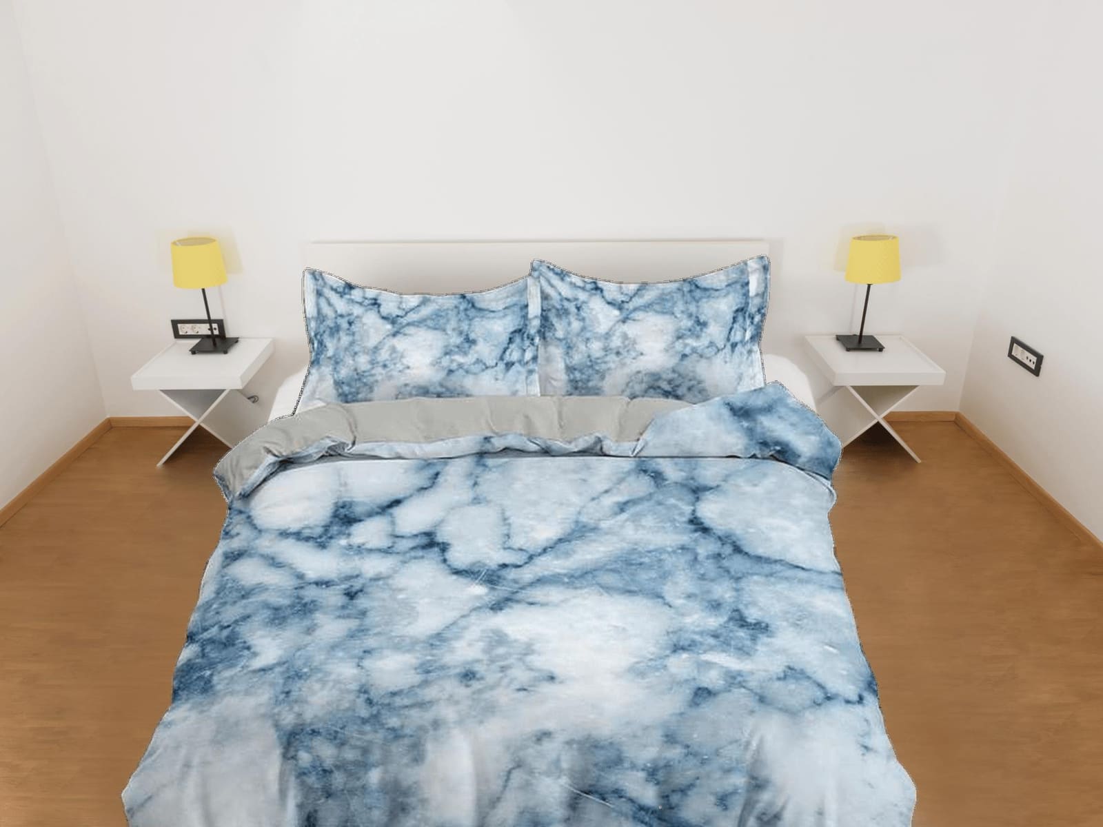 Contemporary bedroom set sky blue aesthetic duvet cover, marble abstract art room decor boho chic bedding set full king queen