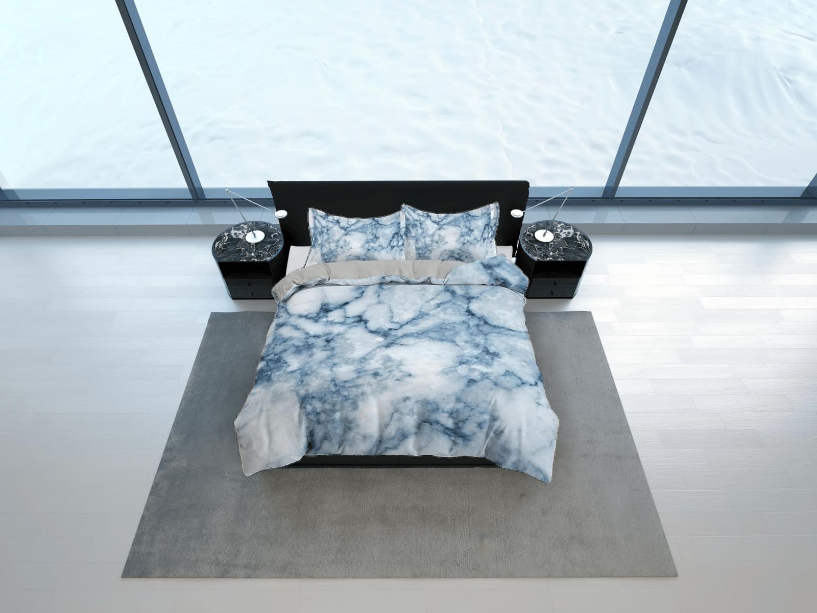 Contemporary bedroom set sky blue aesthetic duvet cover, marble abstract art room decor boho chic bedding set full king queen
