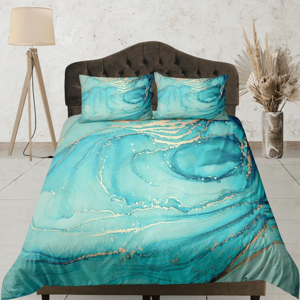 Contemporary bedroom set teal aesthetic duvet cover, luxury duvet gold marble abstract art room decor boho chic bedding se…