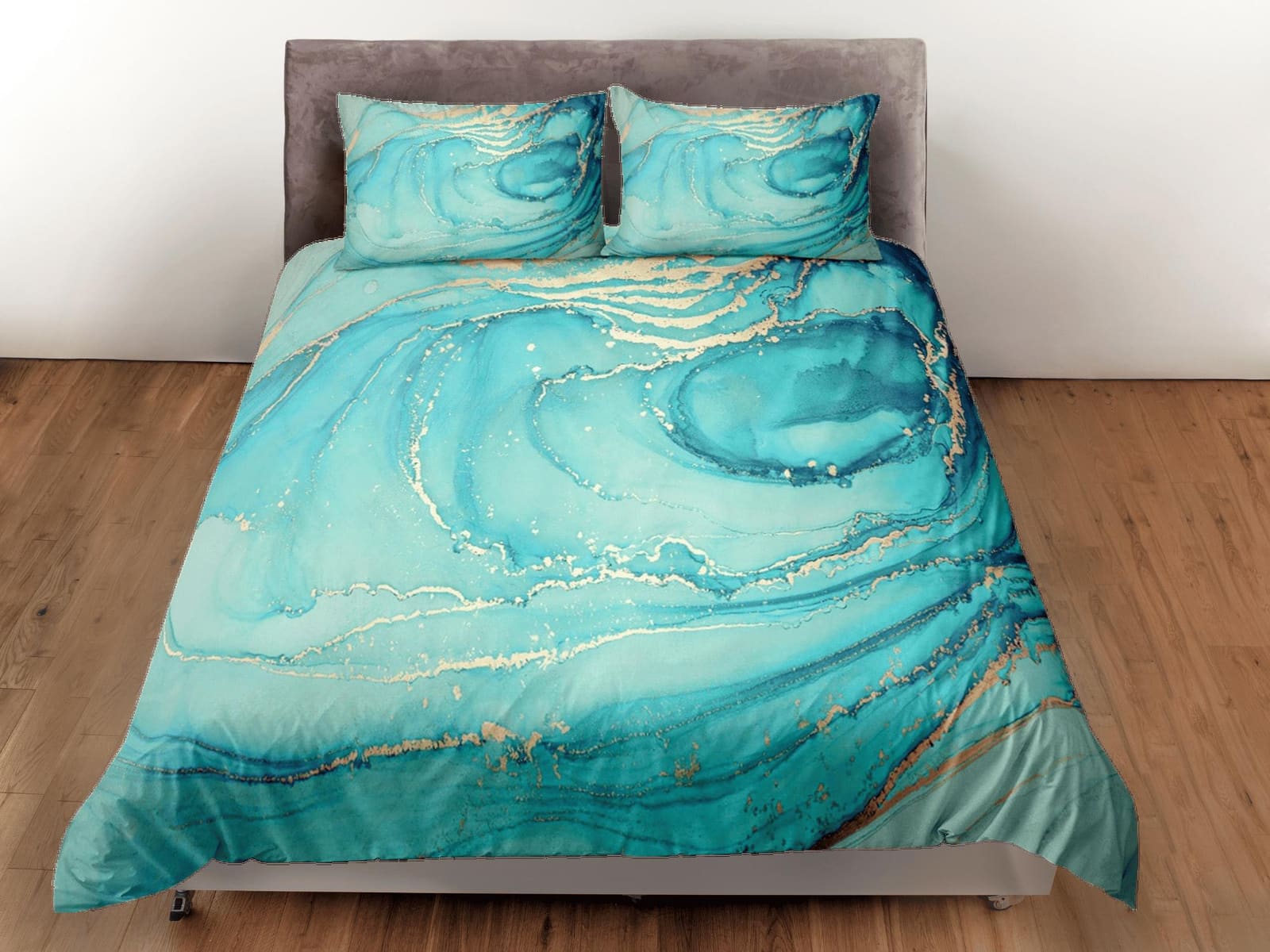 Contemporary bedroom set teal aesthetic duvet cover, luxury duvet gold marble abstract art room decor boho chic bedding se…