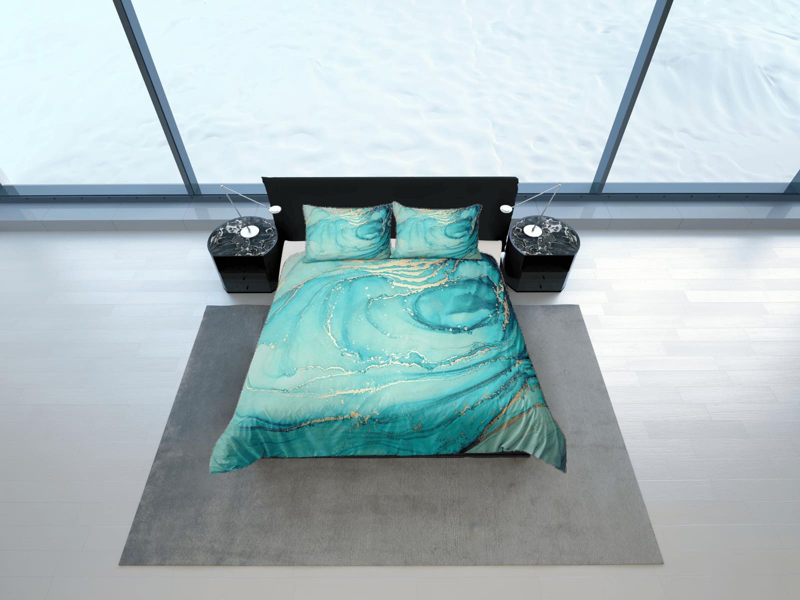 Contemporary bedroom set teal aesthetic duvet cover, luxury duvet gold marble abstract art room decor boho chic bedding se…