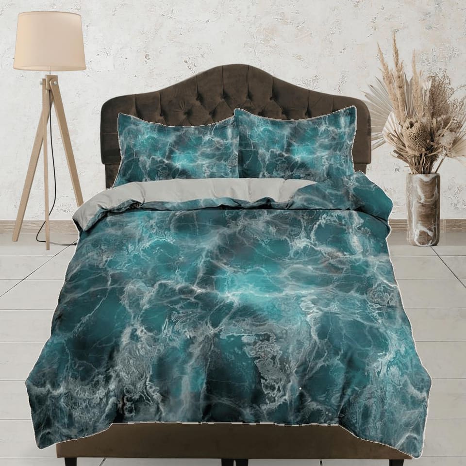 Contemporary bedroom set teal green aesthetic duvet cover, alcohol ink abstract art room decor boho chic bedding set full…