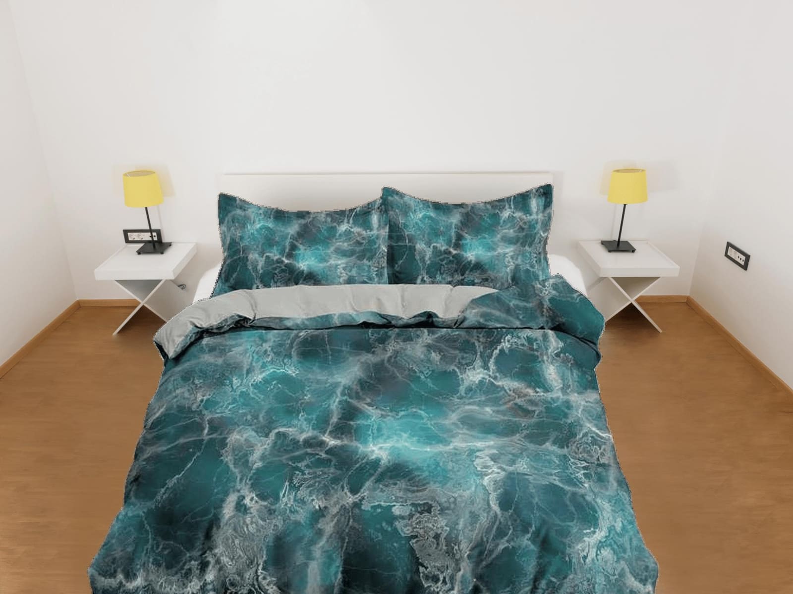 Contemporary bedroom set teal green aesthetic duvet cover, alcohol ink abstract art room decor boho chic bedding set full…