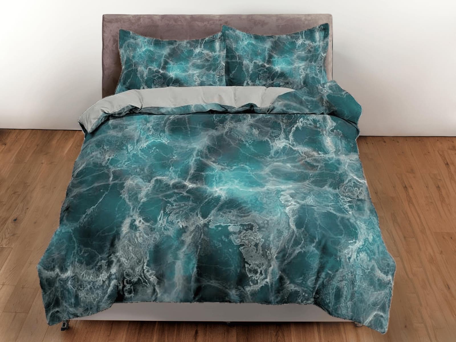 Contemporary bedroom set teal green aesthetic duvet cover, alcohol ink abstract art room decor boho chic bedding set full…