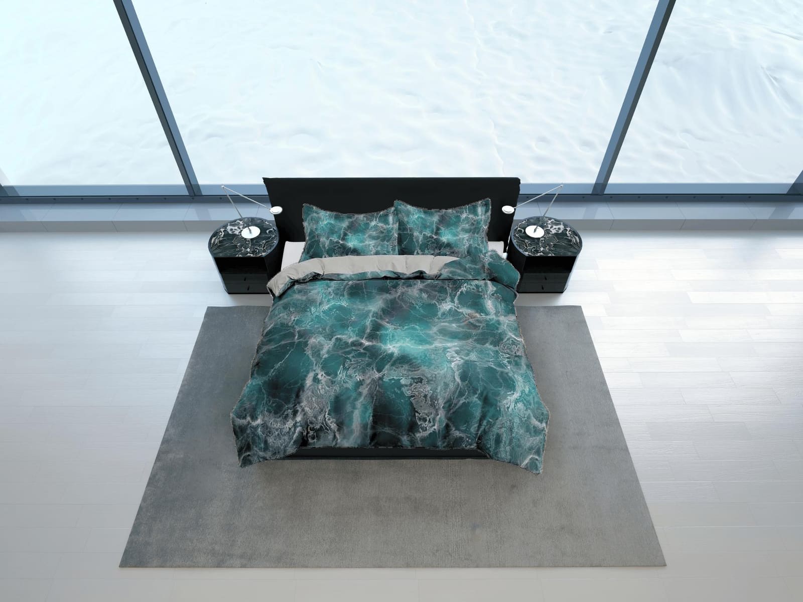 Contemporary bedroom set teal green aesthetic duvet cover, alcohol ink abstract art room decor boho chic bedding set full…