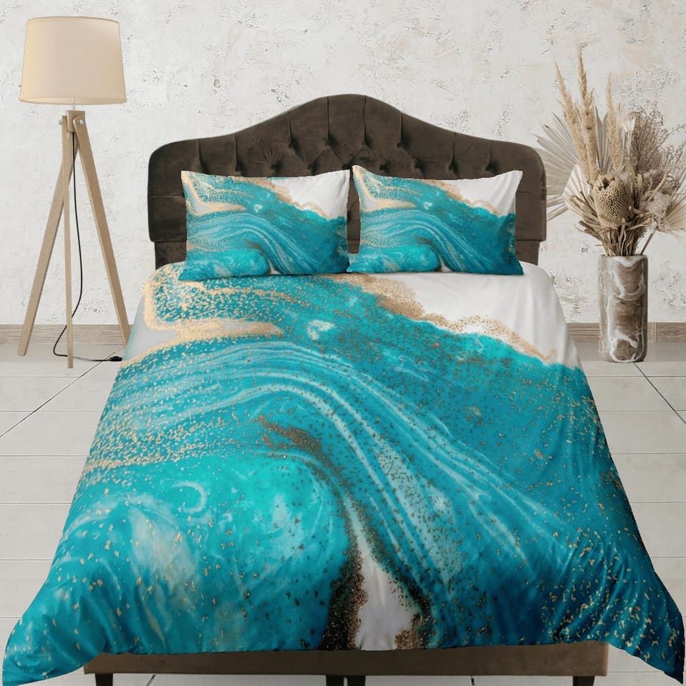 Contemporary bedroom set turquoise aesthetic duvet cover, luxury gold marble abstract art room decor boho chic bedding set…