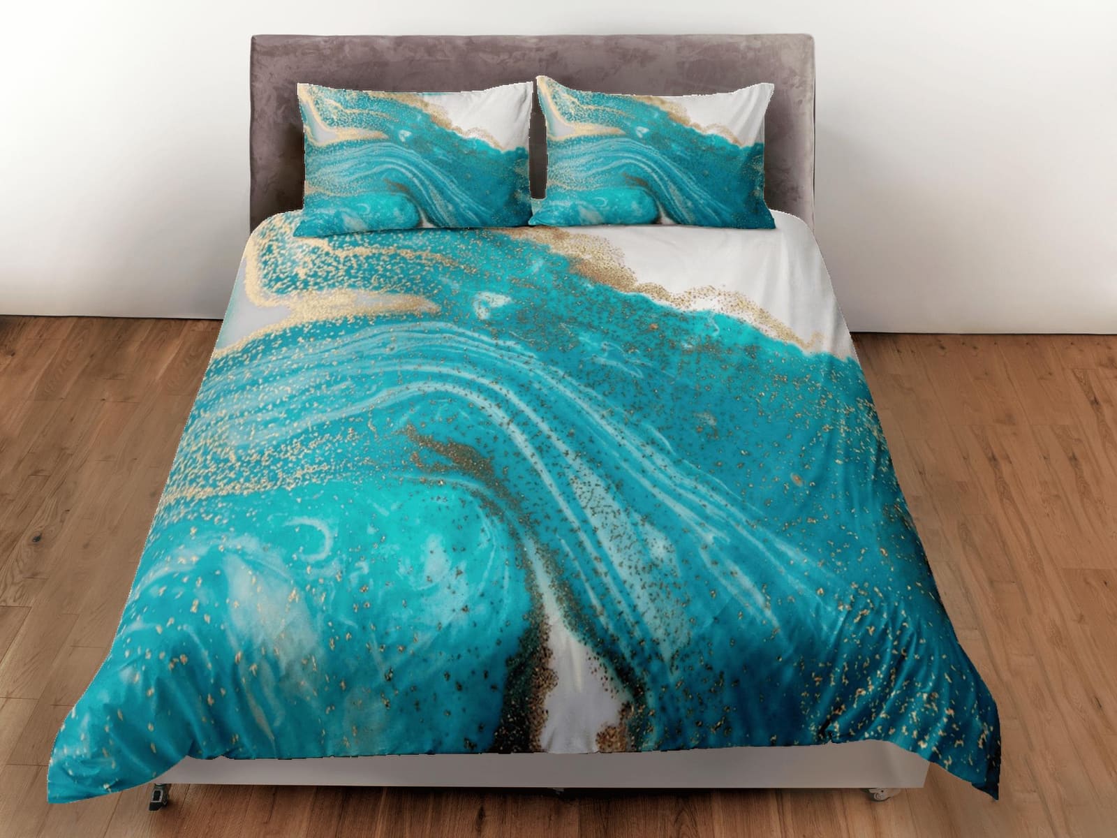 Contemporary bedroom set turquoise aesthetic duvet cover, luxury gold marble abstract art room decor boho chic bedding set…