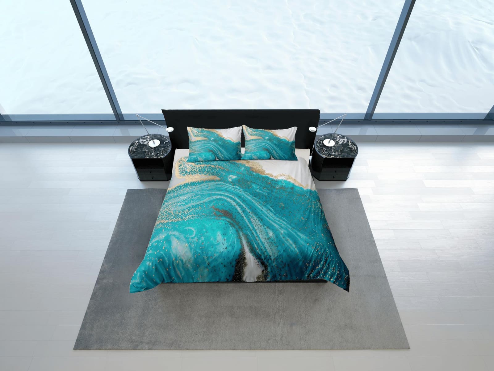 Contemporary bedroom set turquoise aesthetic duvet cover, luxury gold marble abstract art room decor boho chic bedding set…