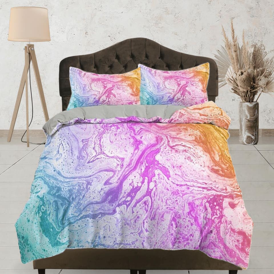 Contemporary bedroom set unicorn colors aesthetic duvet cover, alcohol ink abstract art room decor boho chic bedding set f…