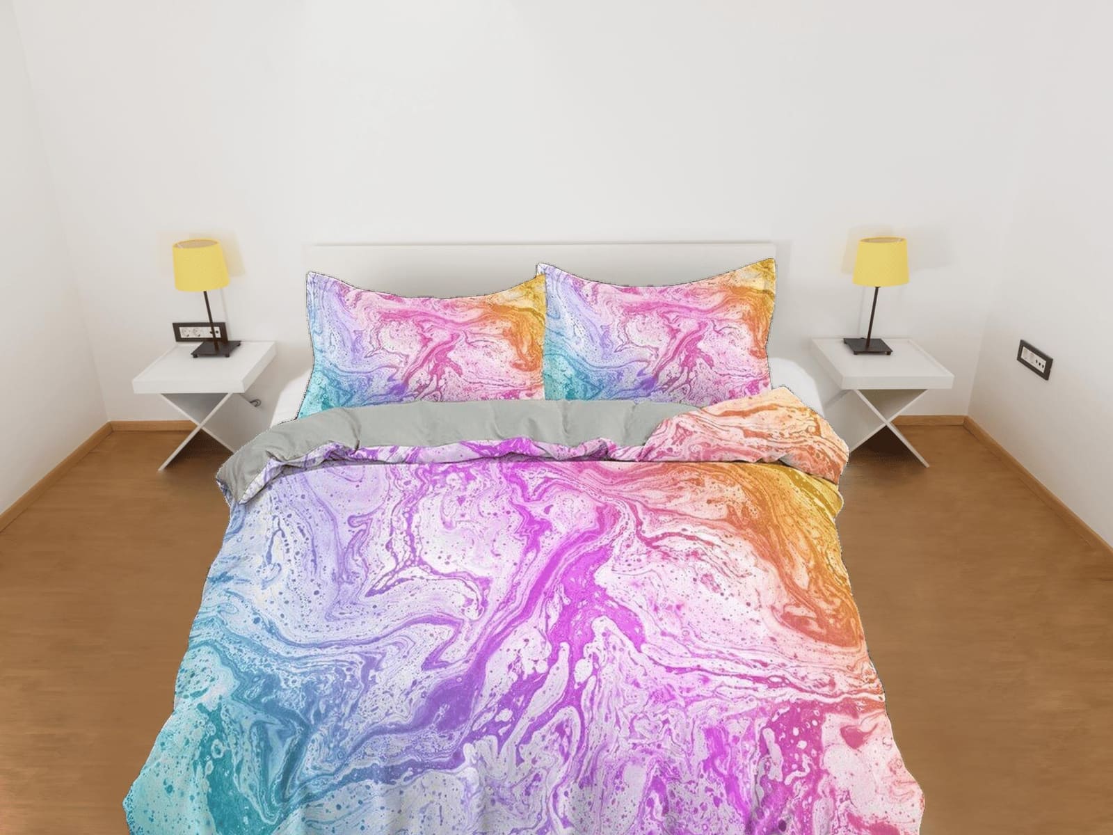 Contemporary bedroom set unicorn colors aesthetic duvet cover, alcohol ink abstract art room decor boho chic bedding set f…