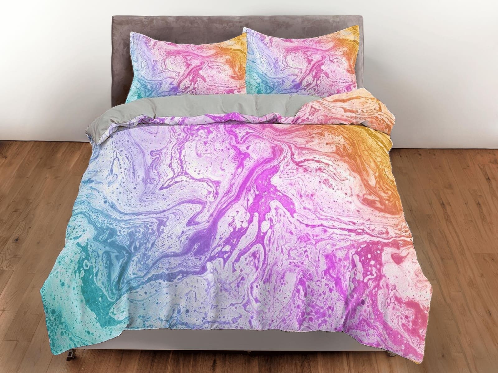 Contemporary bedroom set unicorn colors aesthetic duvet cover, alcohol ink abstract art room decor boho chic bedding set f…