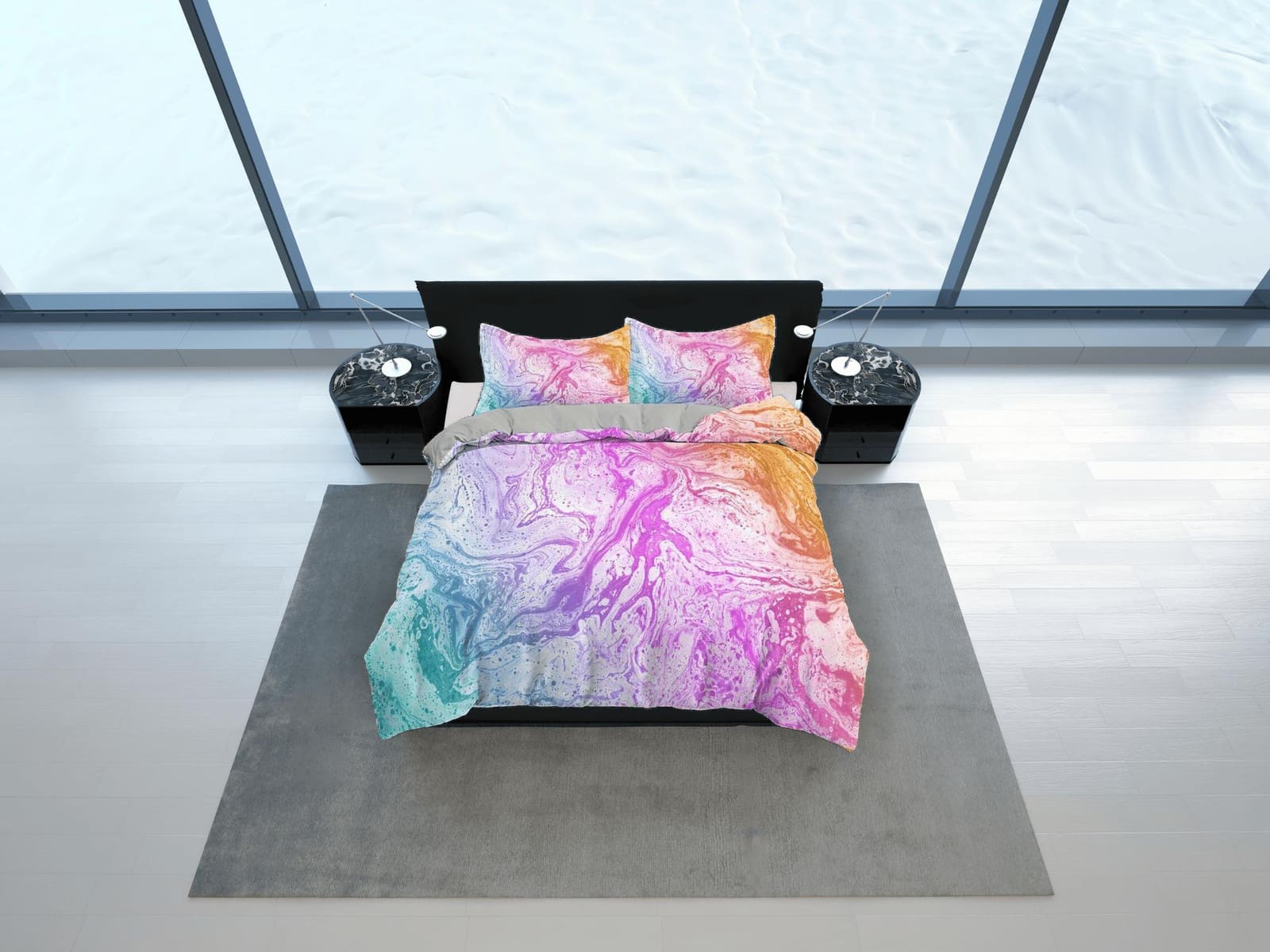 Contemporary bedroom set unicorn colors aesthetic duvet cover, alcohol ink abstract art room decor boho chic bedding set f…