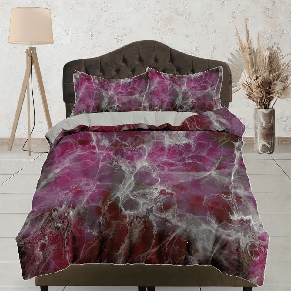 Contemporary bedroom set violet maroon aesthetic duvet cover, alcohol ink abstract art room decor boho chic bedding set fu…