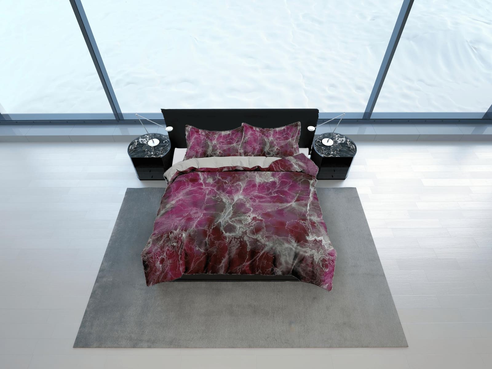 Contemporary bedroom set violet maroon aesthetic duvet cover, alcohol ink abstract art room decor boho chic bedding set fu…