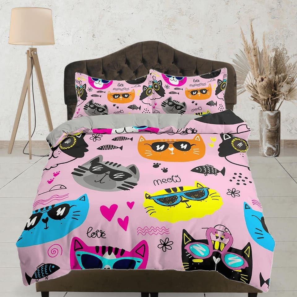 Cool Cats in Different Colors Kids Pink Duvet Cover Set, Toddler Bedding, Kids Bedroom, Cute Bedding, Duvet King Queen Ful…