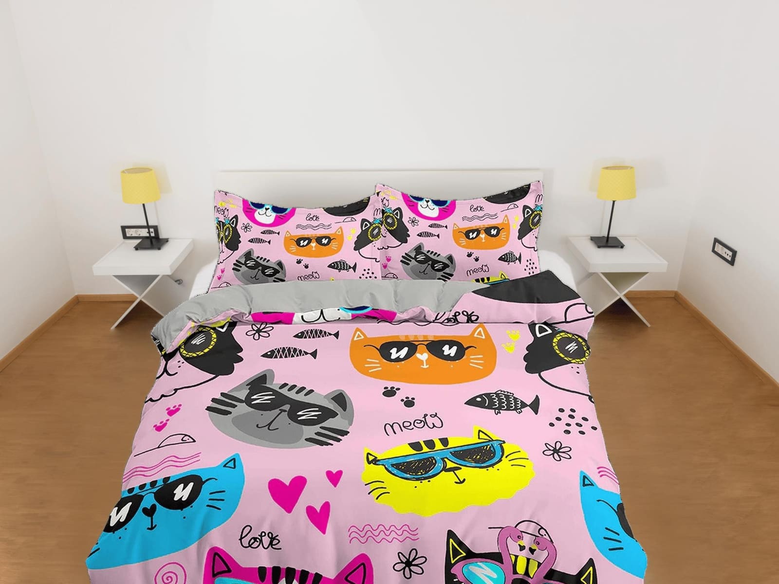 Cool Cats in Different Colors Kids Pink Duvet Cover Set, Toddler Bedding, Kids Bedroom, Cute Bedding, Duvet King Queen Ful…