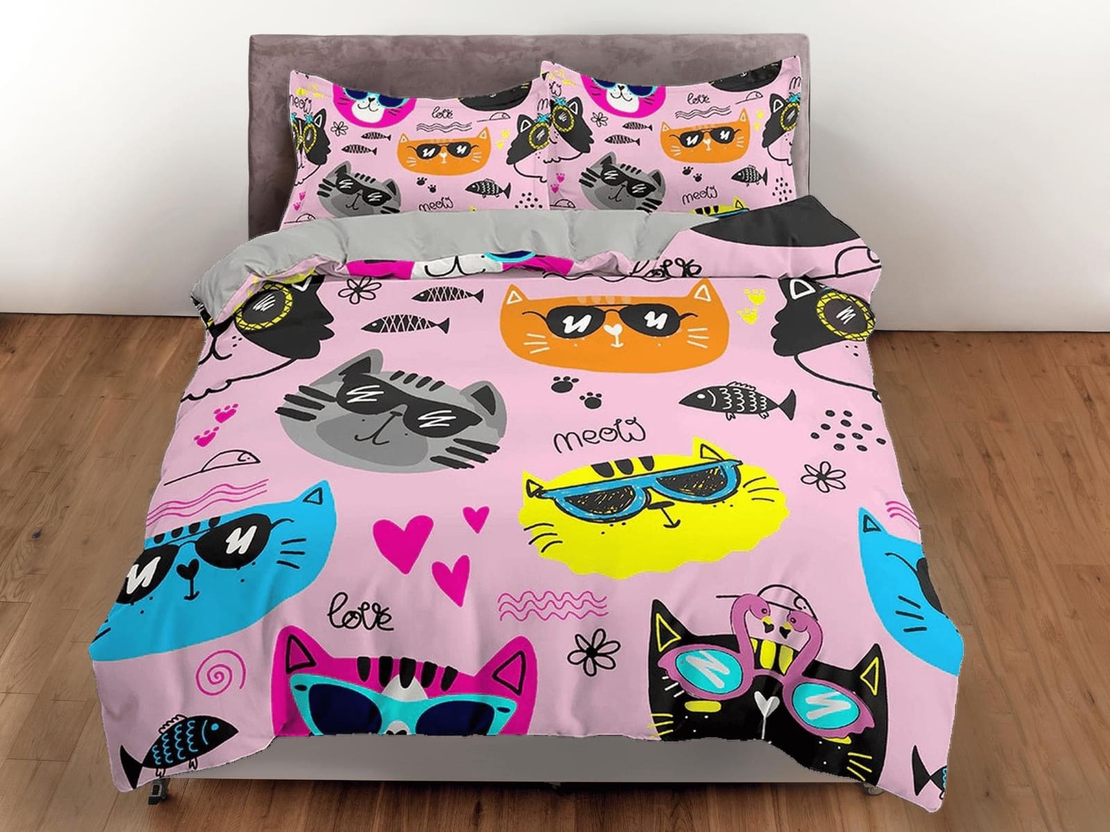 Cool Cats in Different Colors Kids Pink Duvet Cover Set, Toddler Bedding, Kids Bedroom, Cute Bedding, Duvet King Queen Ful…