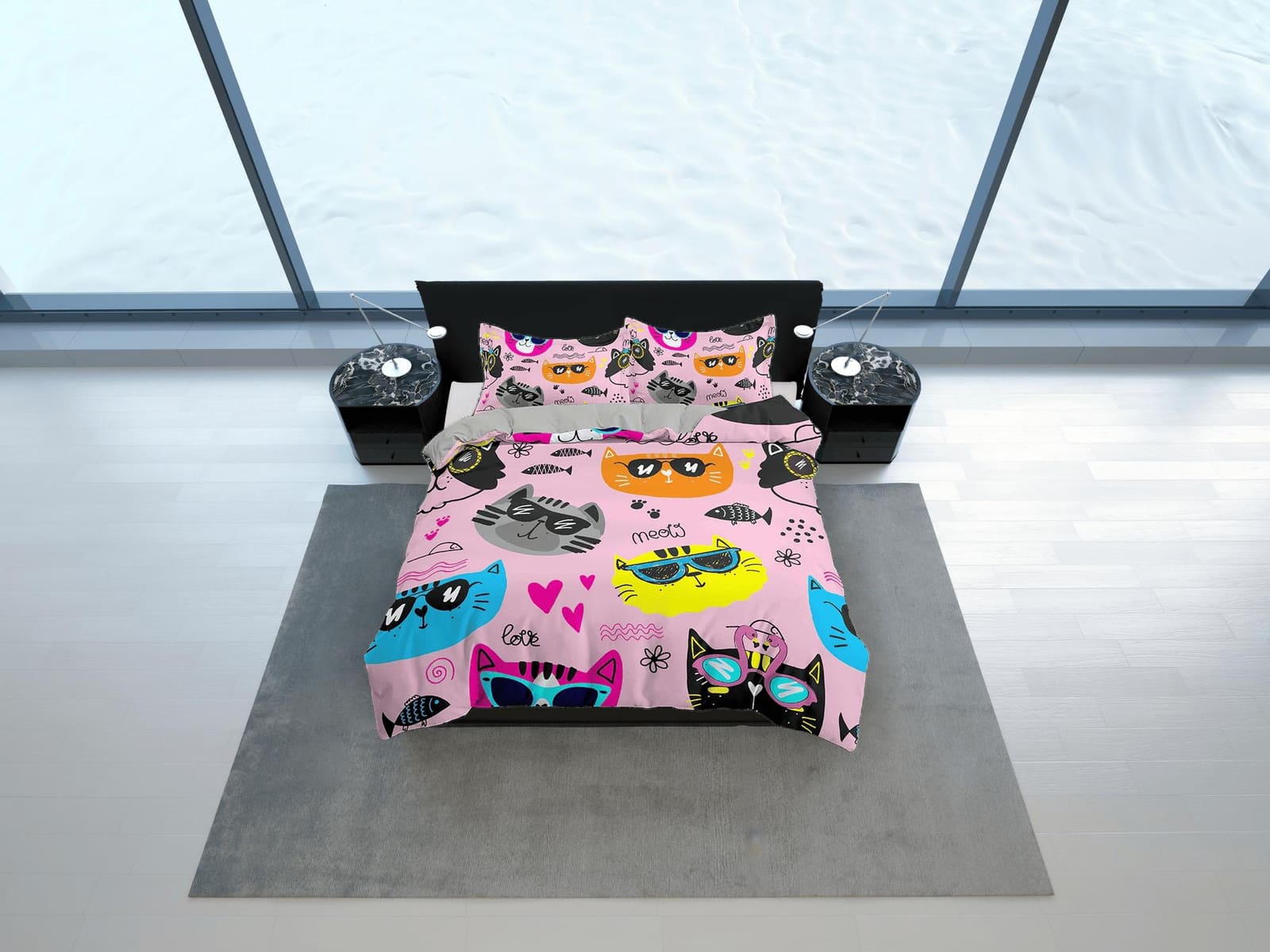 Cool Cats in Different Colors Kids Pink Duvet Cover Set, Toddler Bedding, Kids Bedroom, Cute Bedding, Duvet King Queen Ful…