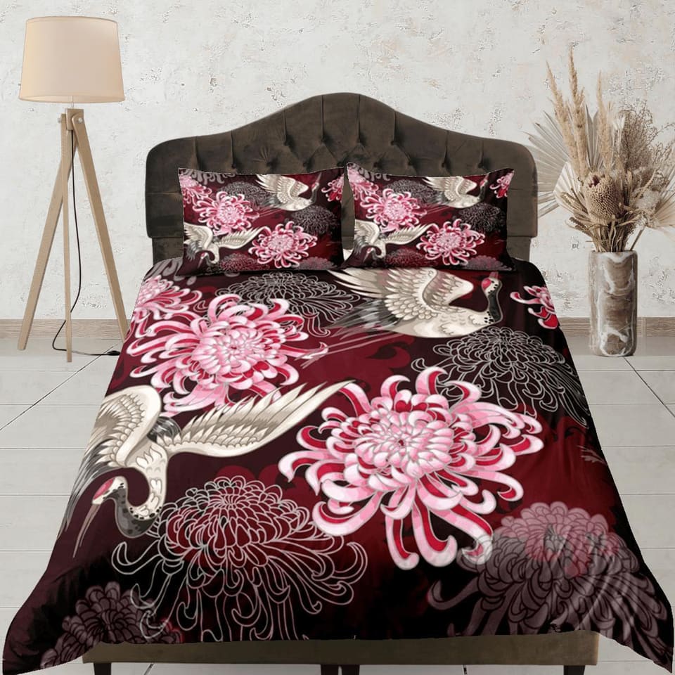 Crane Bird Floral Red Duvet Cover Set Full Japanese Art Dorm Bedding Set with Pillowcase | Size King, Queen, Double, Twin…
