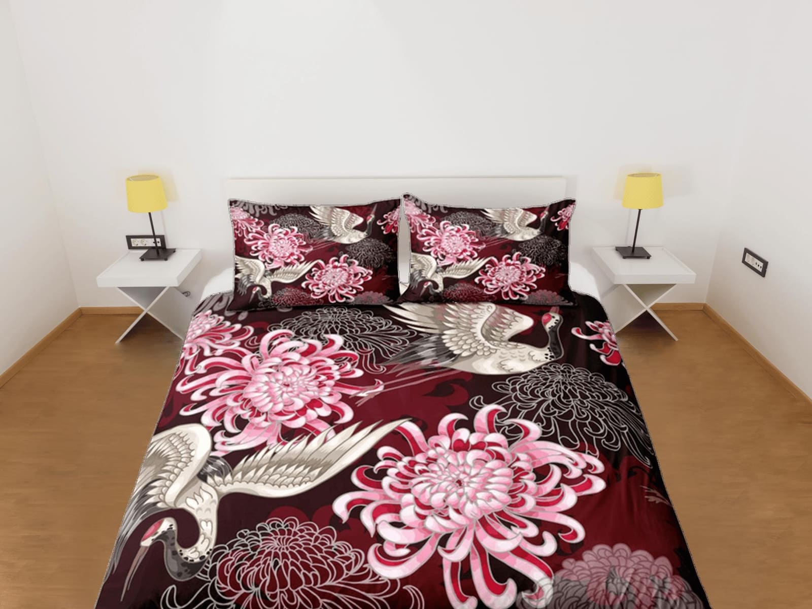 Crane Bird Floral Red Duvet Cover Set Full Japanese Art Dorm Bedding Set with Pillowcase | Size King, Queen, Double, Twin…