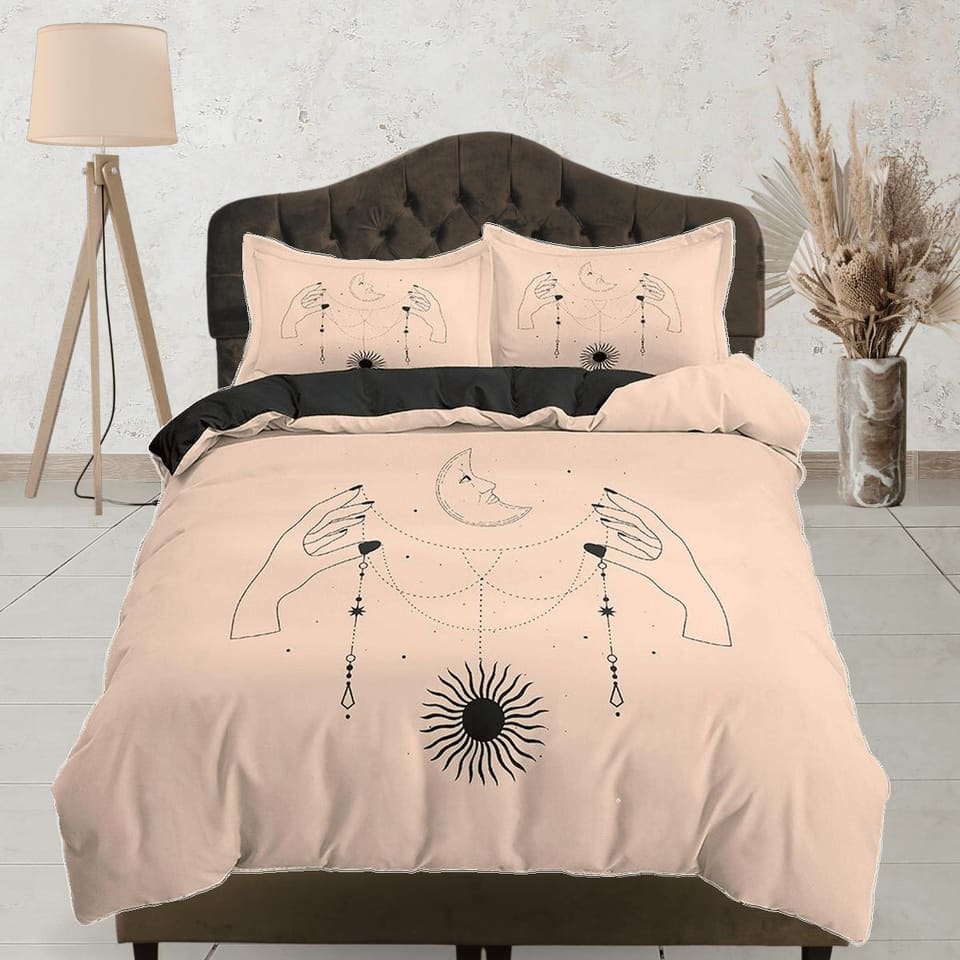 Crescent Moon Boho Beige Bedding Minimalist, Zodiac Gift Celestial Dorm Bedding, Astrology Duvet Cover Set, Aesthetic Duve…