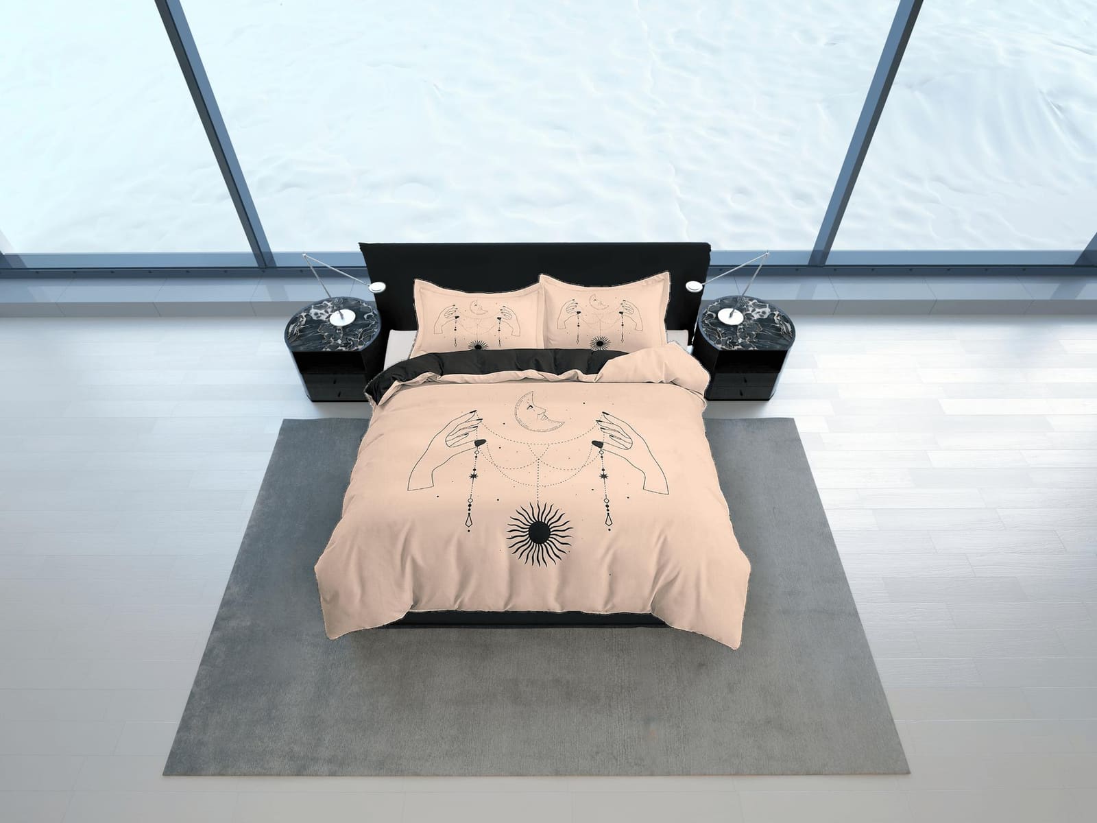 Crescent Moon Boho Beige Bedding Minimalist, Zodiac Gift Celestial Dorm Bedding, Astrology Duvet Cover Set, Aesthetic Duve…