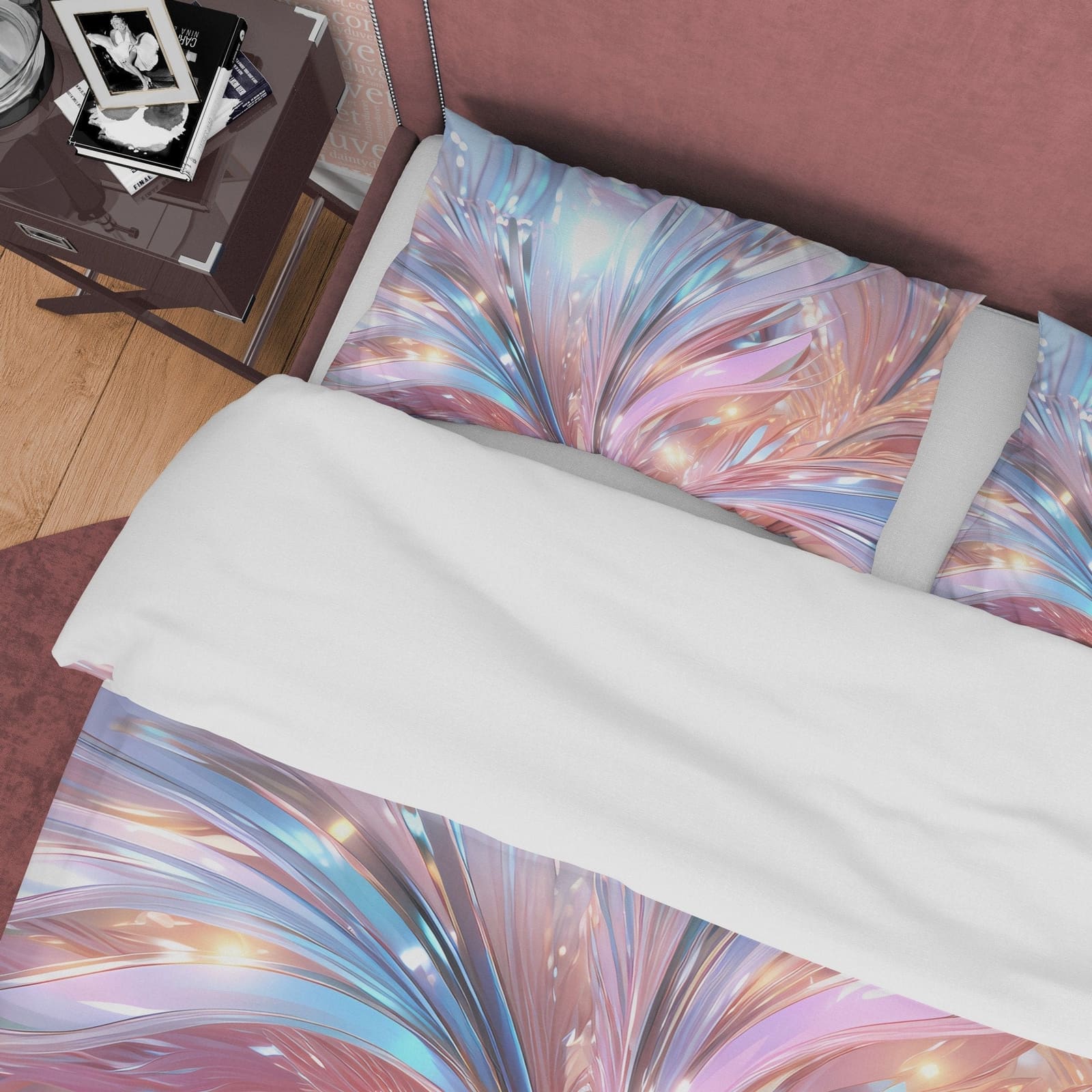 Crystal Holographic Bedding Set Boho Duvet Cover, Shiny Leaf Quilt Cover, Moonstone Inspired Bedspread, Galaxy Opal Bed Co…