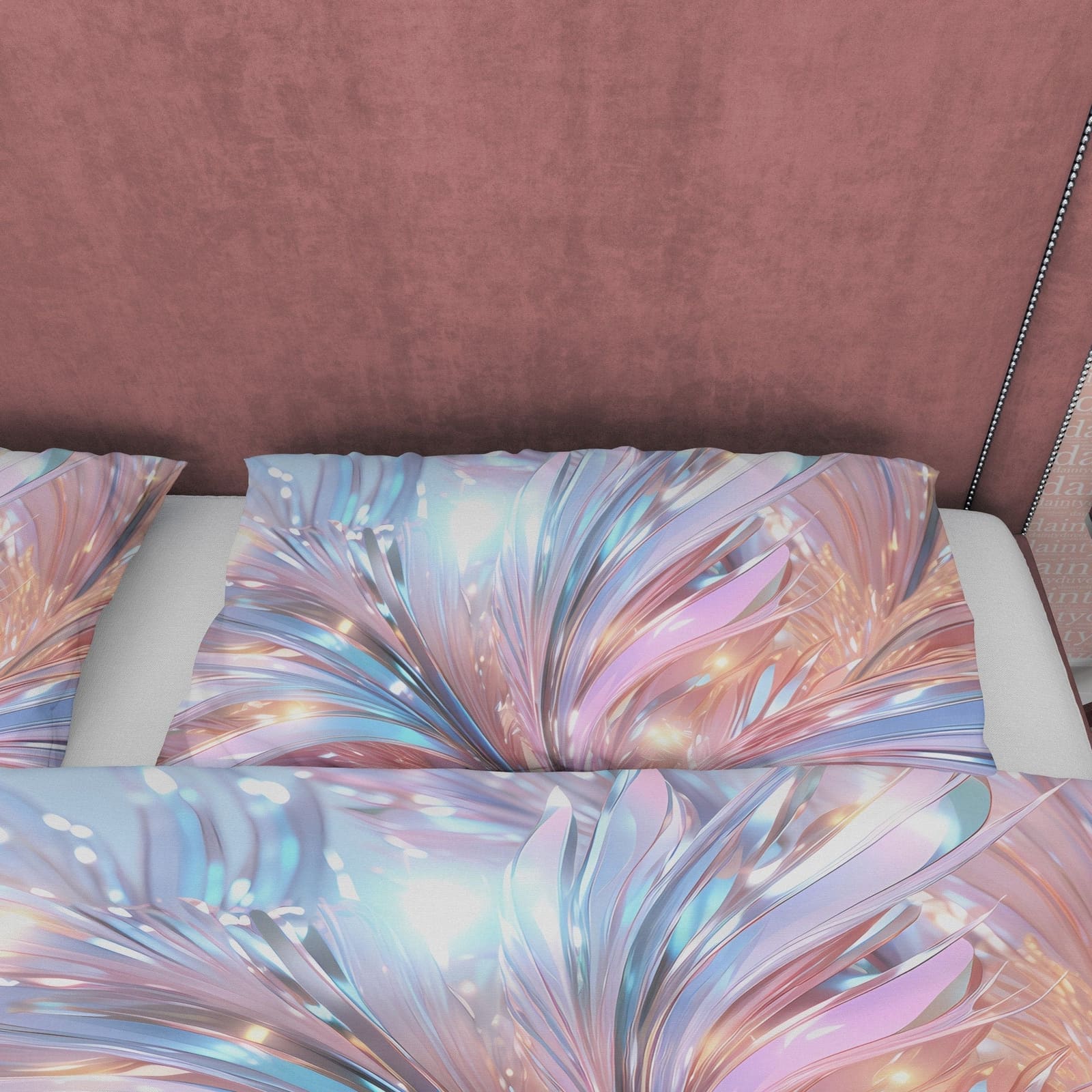 Crystal Holographic Bedding Set Boho Duvet Cover, Shiny Leaf Quilt Cover, Moonstone Inspired Bedspread, Galaxy Opal Bed Co…