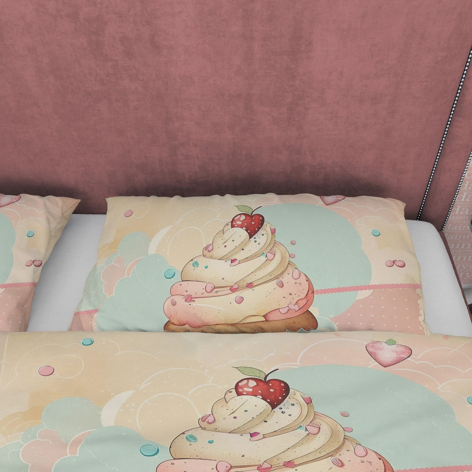 Cupcake Cotton Duvet Cover Boho Bedroom Set, Sweet Girly Bedspread, Cute Toddler Quilt Cover, Dorm Bedding, Baby Girl Crib…