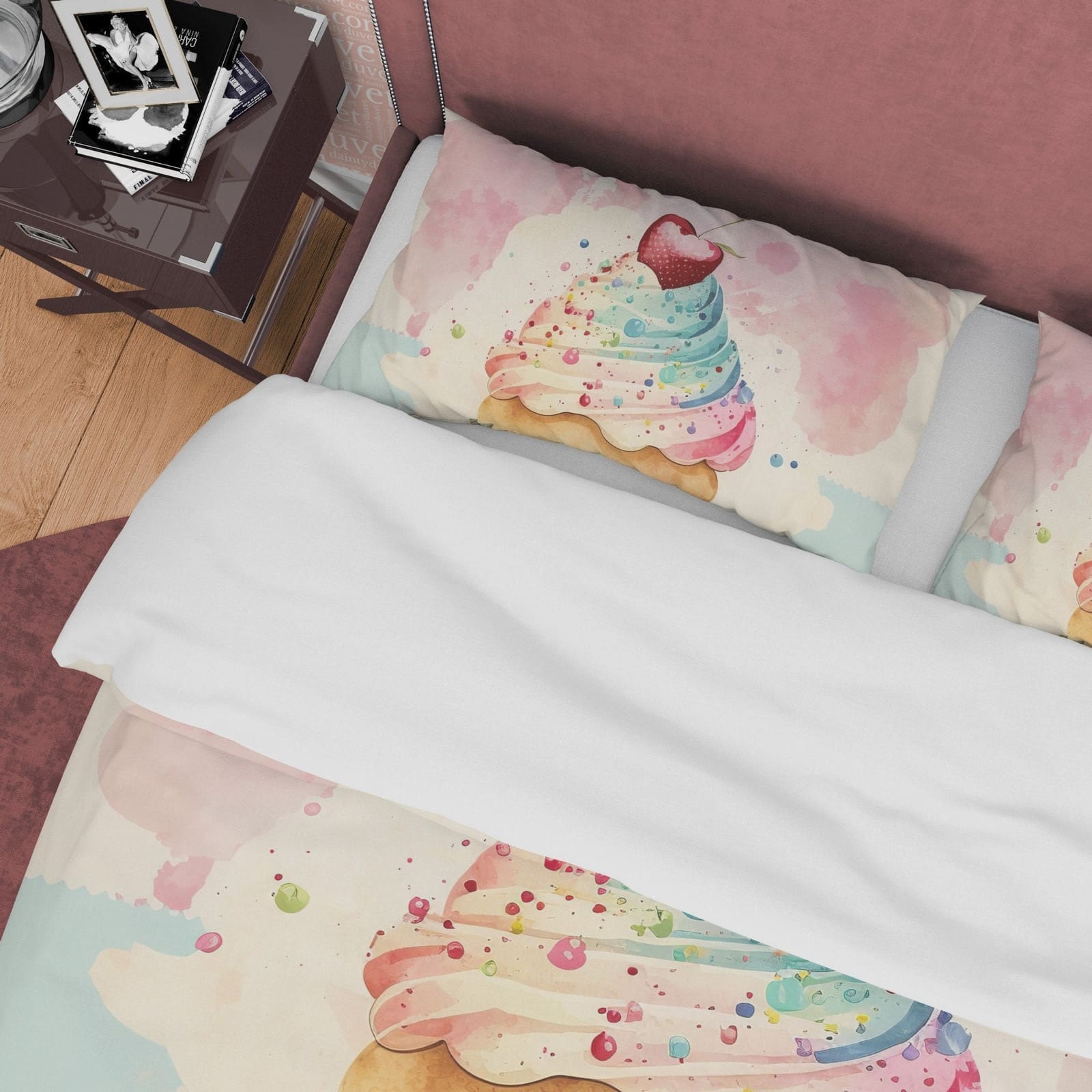 Cupcake With Cherry On Top Duvet Cover Boho Bedroom Set, Pastel Color Girly Bedspread, Cute Quilt Cover, Dorm Bedding, Bab…