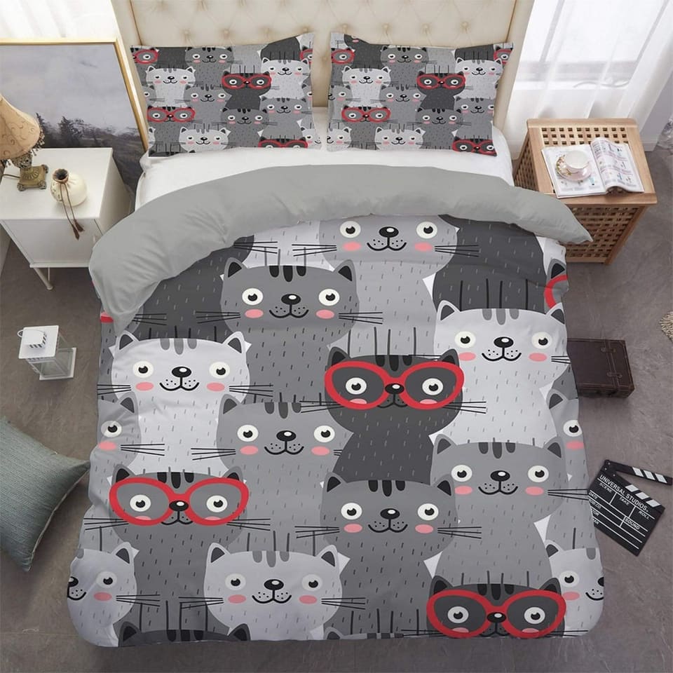 Cute and nerdy cats grey bedding, unisex toddler bedding, kids duvet cover set, gift for cat lovers, baby bedding, baby sh…