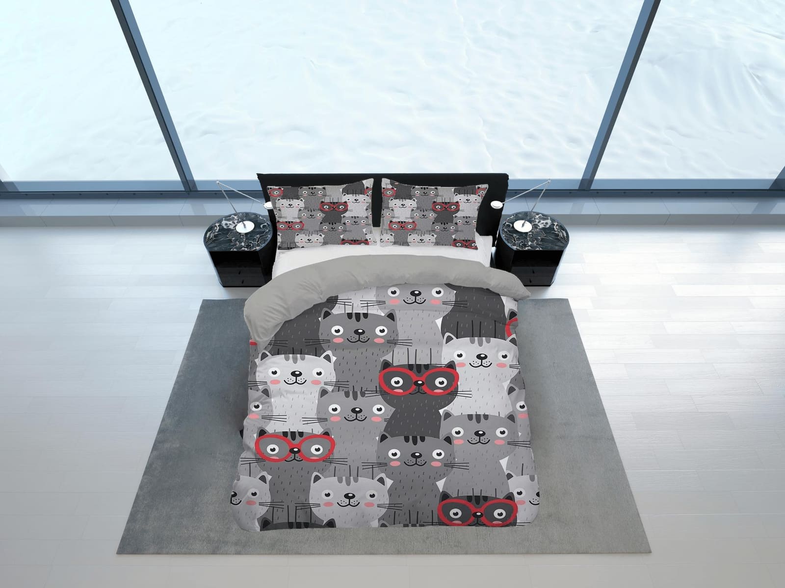 Cute and nerdy cats grey bedding, unisex toddler bedding, kids duvet cover set, gift for cat lovers, baby bedding, baby sh…