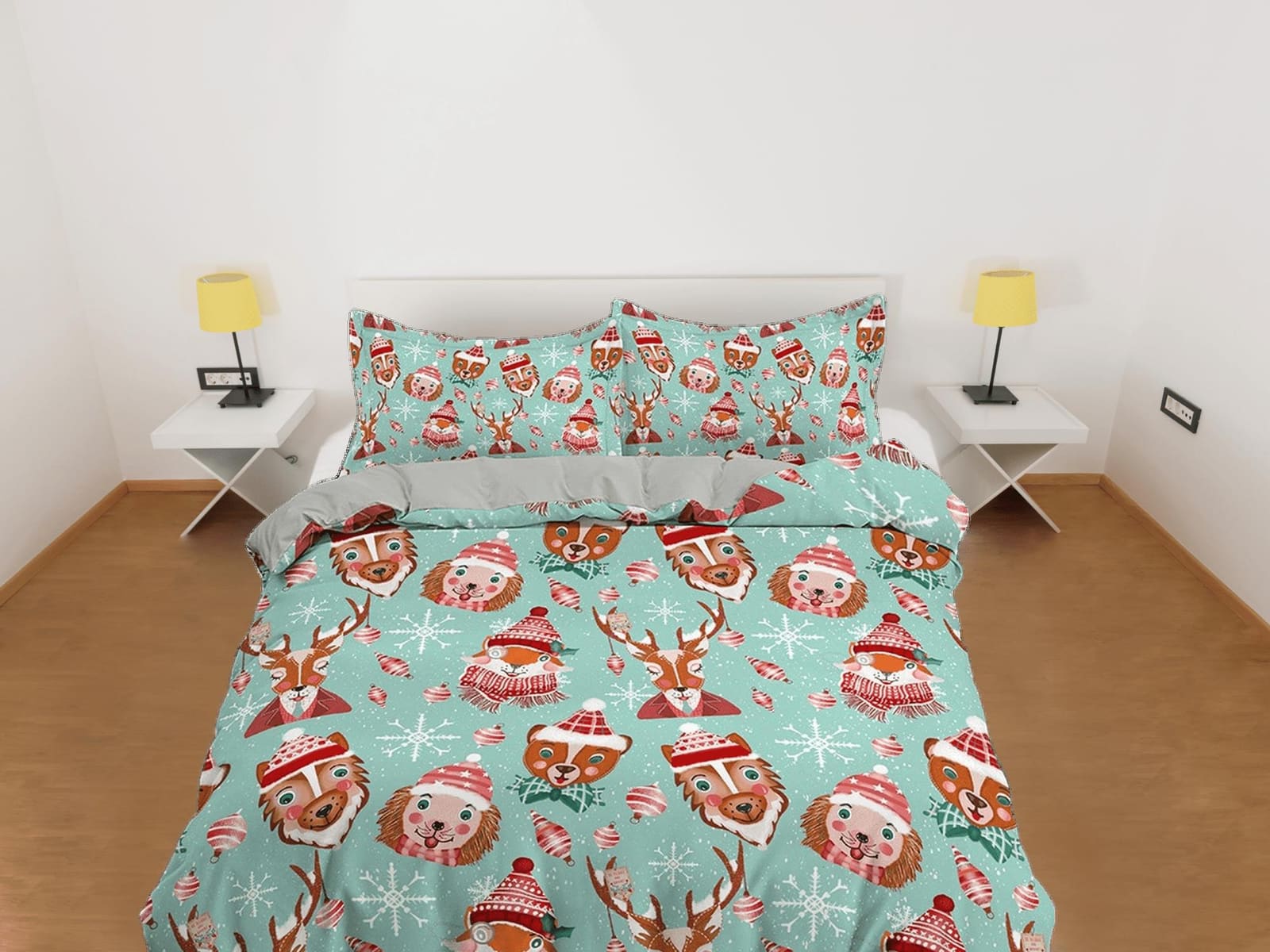 Cute animals 1950s christmas duvet cover set, christmas full size bedding & pillowcase, college bedding, crib toddler bedd…