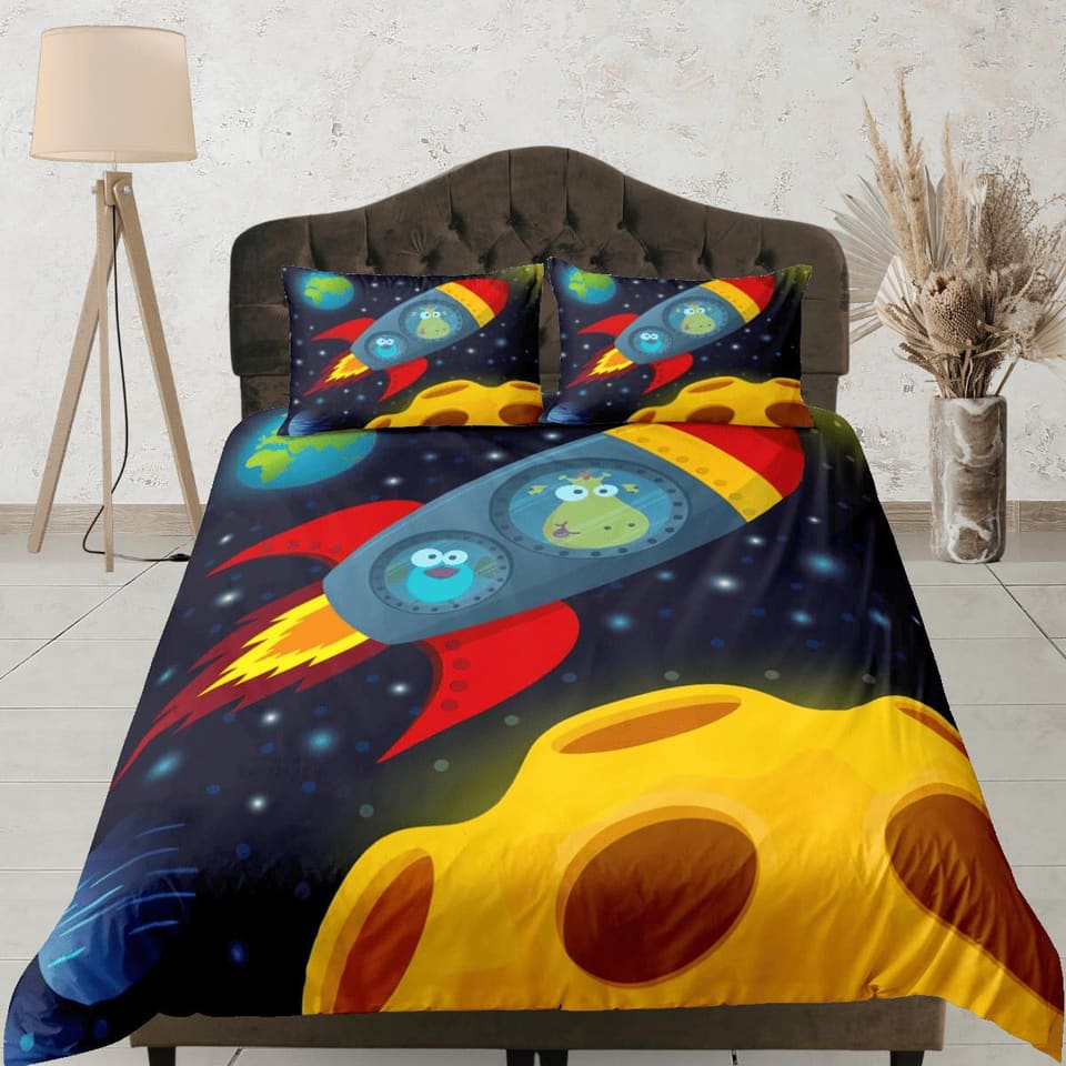 Cute animals in spaceship duvet cover set for kids, galaxy bedding set full, king, queen, astronomy dorm bedding, toddler…